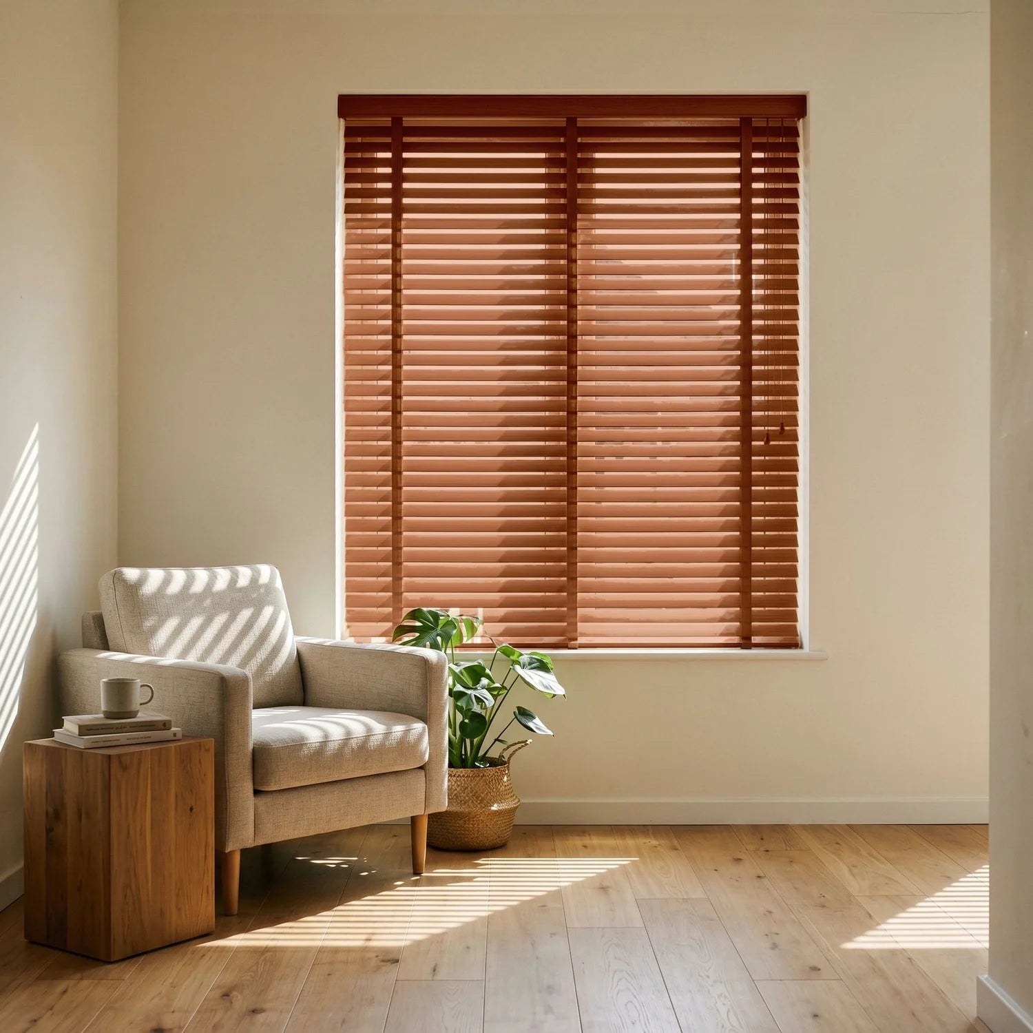 Custom Faux Wood Blinds - Chestnut in Modern Living
