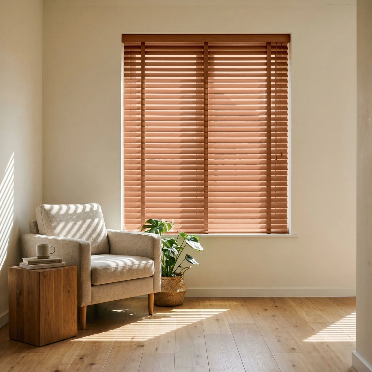 Custom Faux Wood Blinds - Terracotta Clay in Modern Living