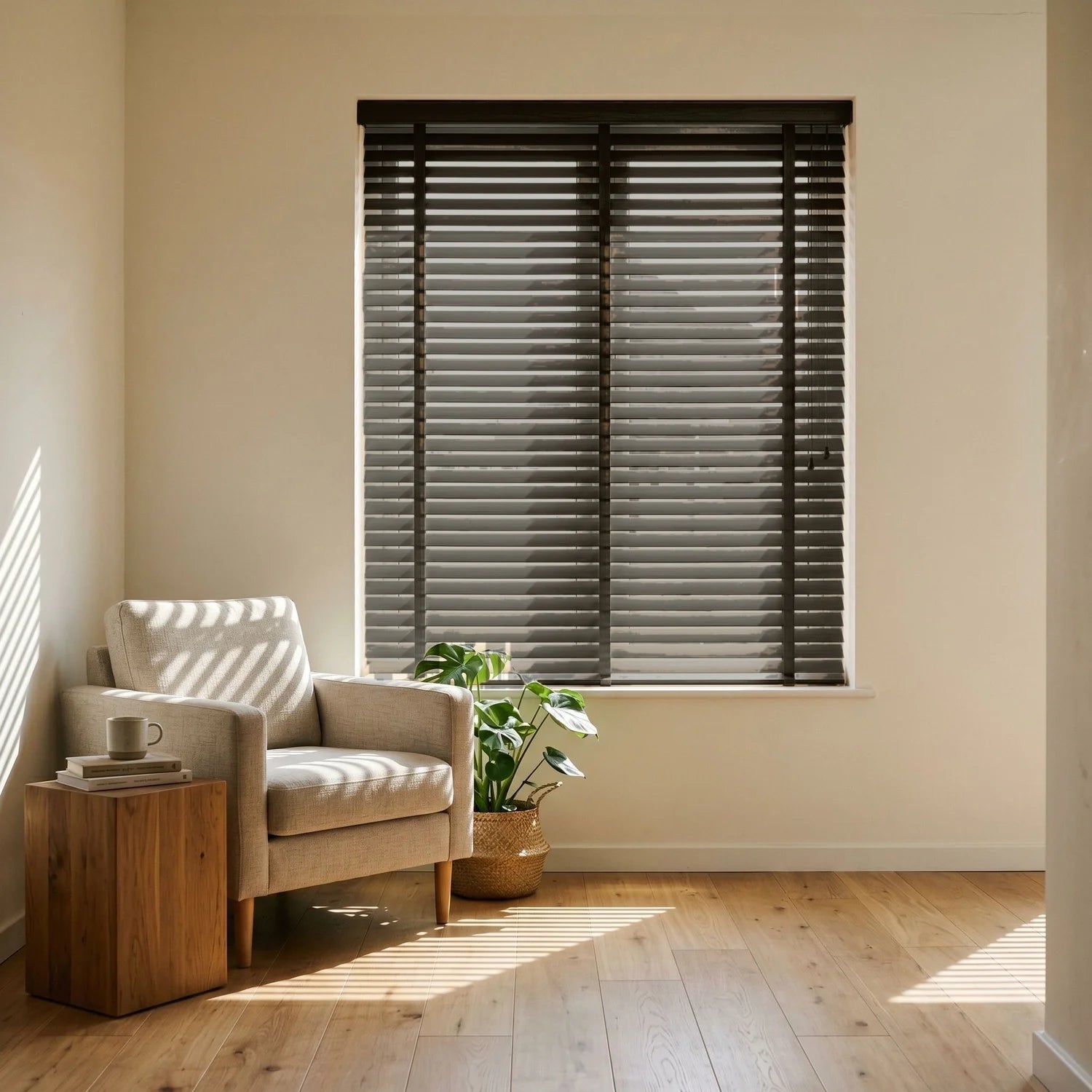 Custom Faux Wood Blinds - Charcoal in Modern Living