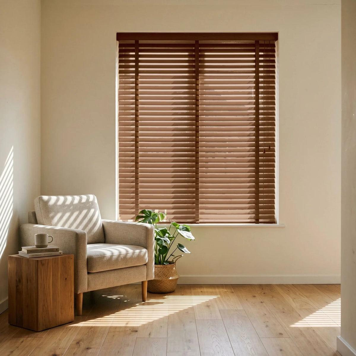 Custom Faux Wood Blinds - Saddle Brown in Modern Living