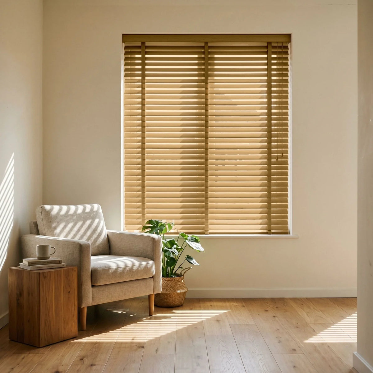 Custom Faux Wood Blinds - Honey Oak in Modern Living