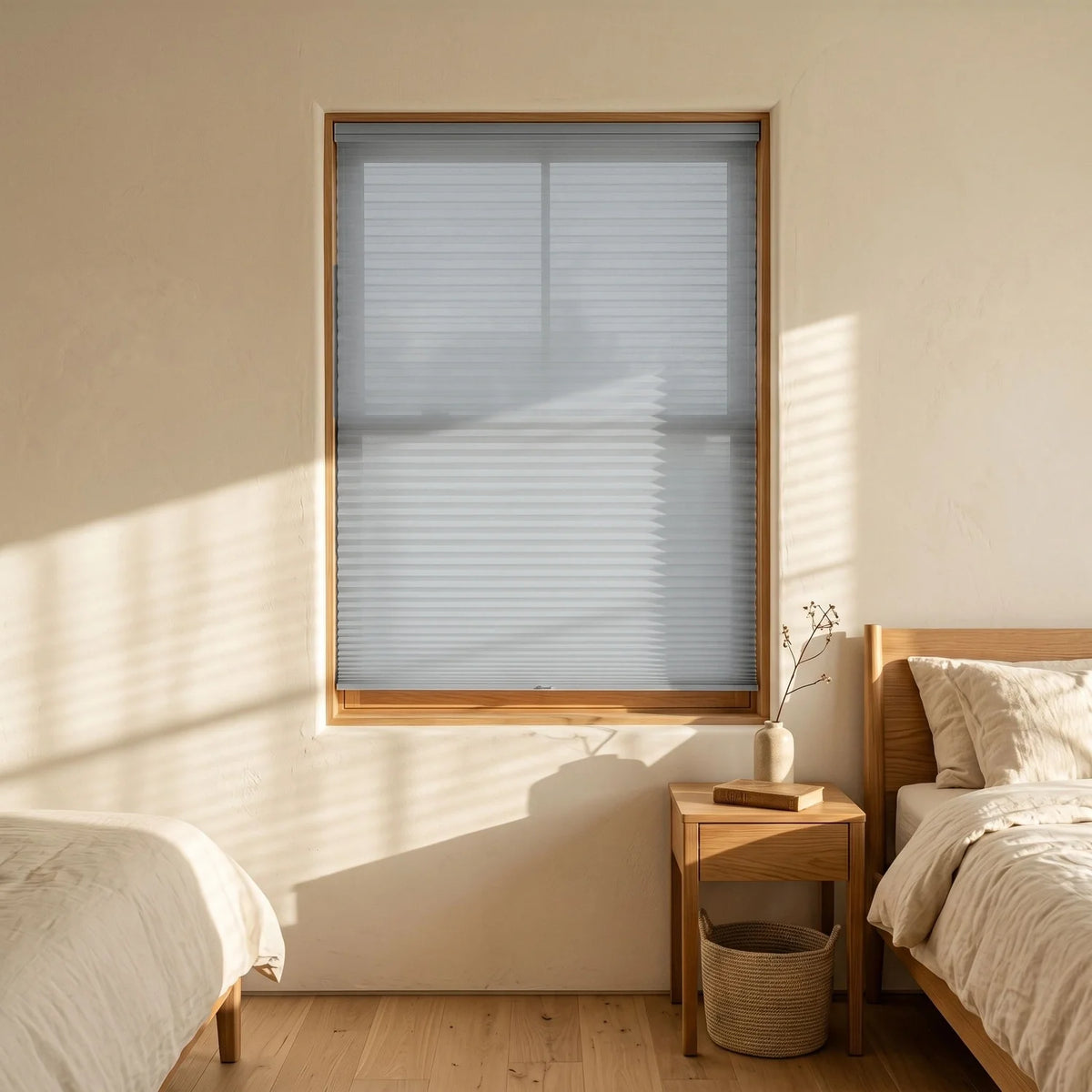 Custom Cellular Shades - Silver Grey in Luxe Bedroom
