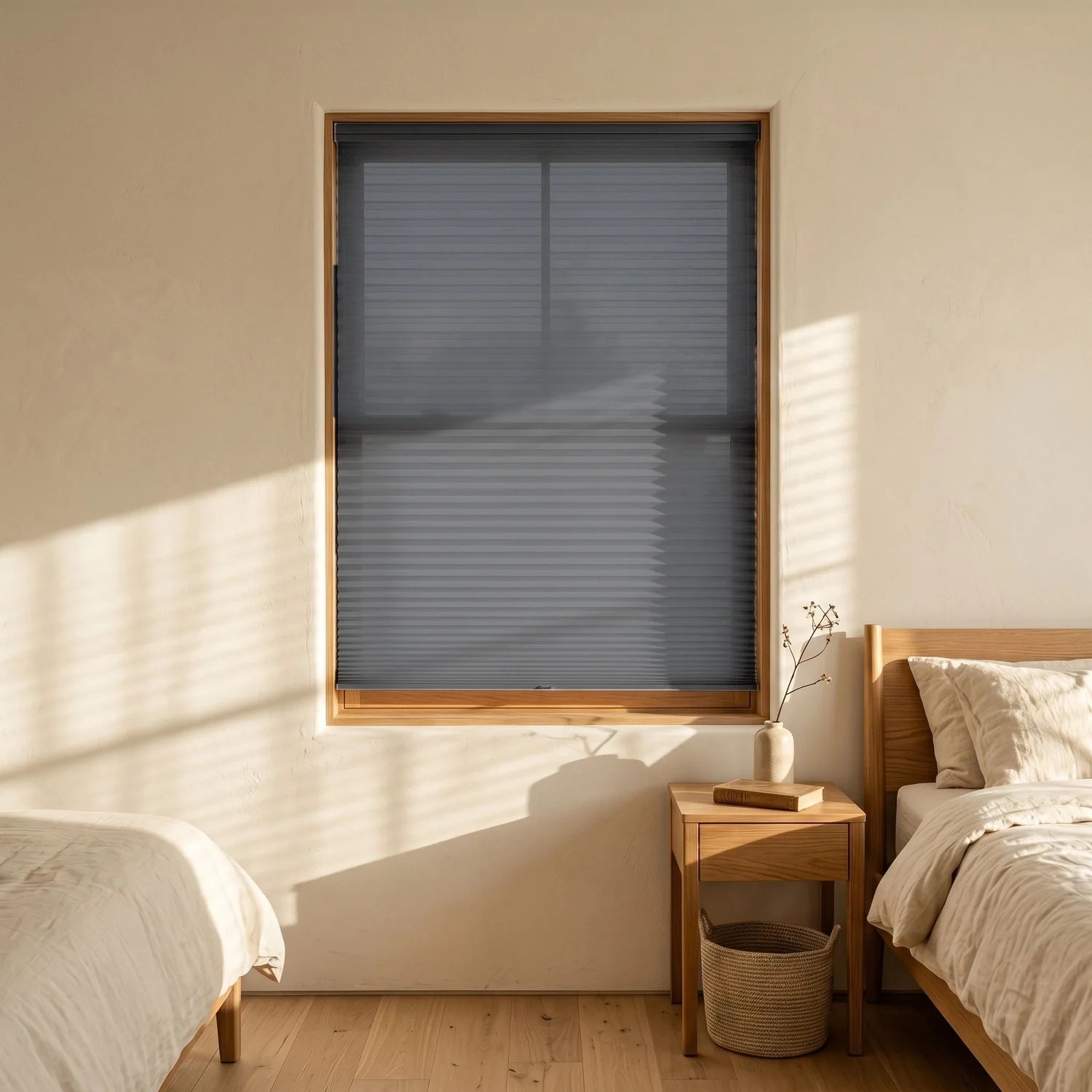 Custom Cellular Shades - Slate Grey in Luxe Bedroom