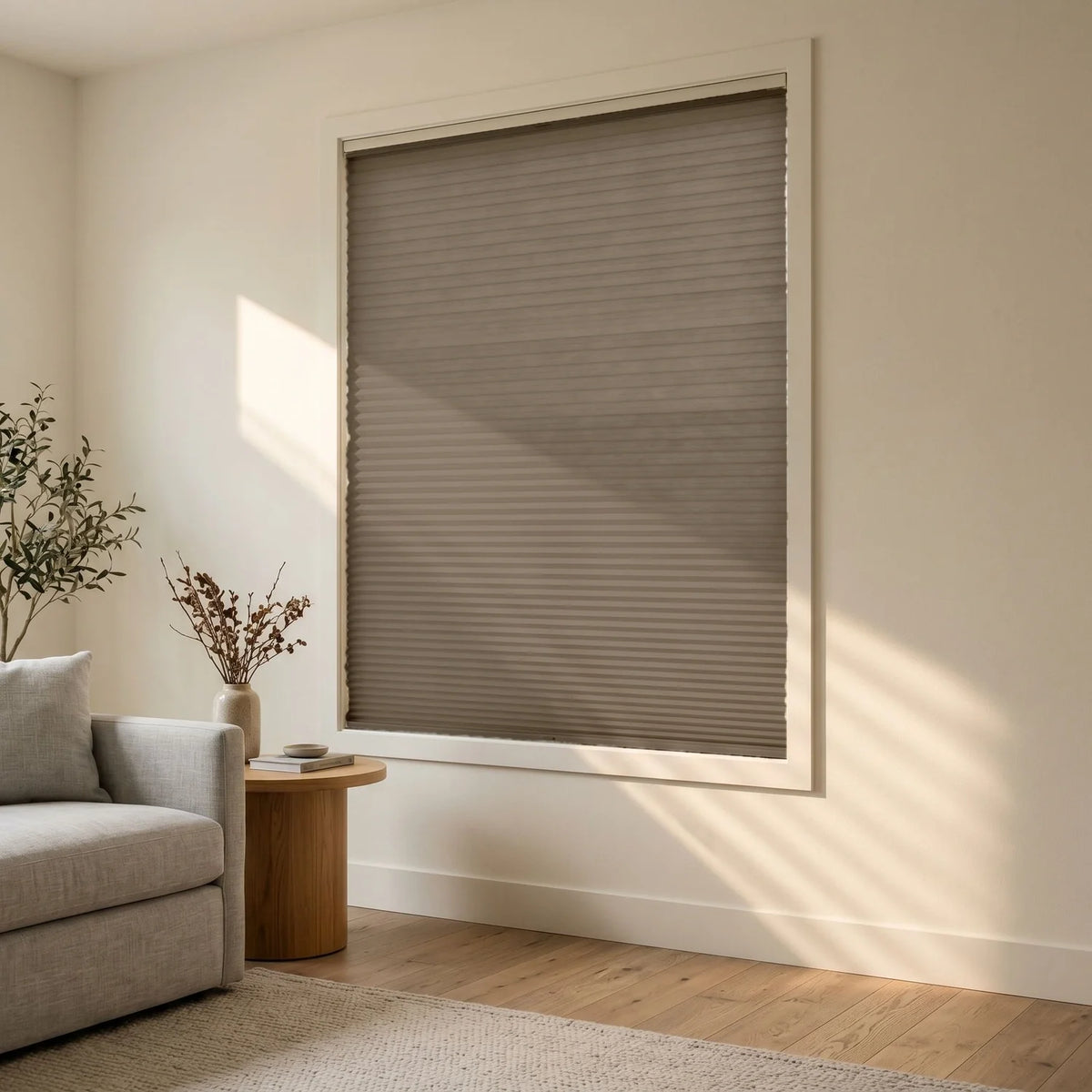 Custom Cellular Shades - Taupe Brown in Modern Living