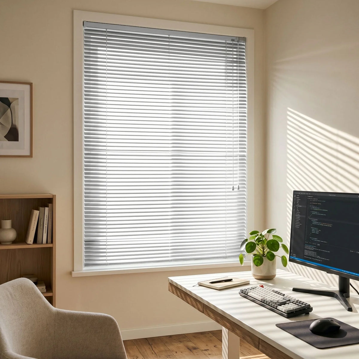 Custom Aluminum Blinds - Snow White in Home Office