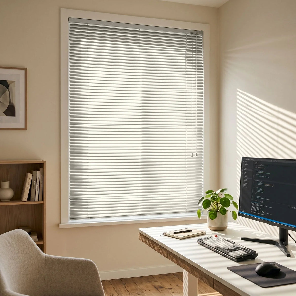 Custom Aluminum Blinds - Ivory Cream in Home Office