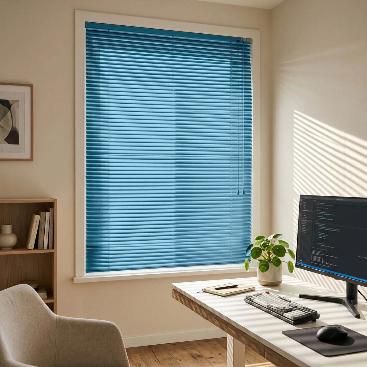 Custom Aluminum Blinds - Azure Blue in Home Office