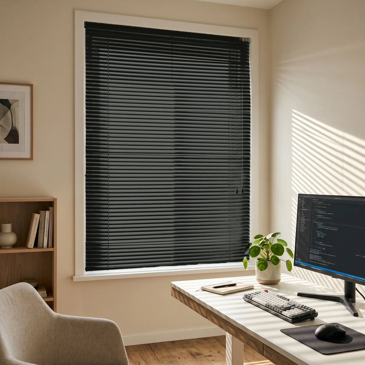 Custom Aluminum Blinds - Jet Black in Home Office