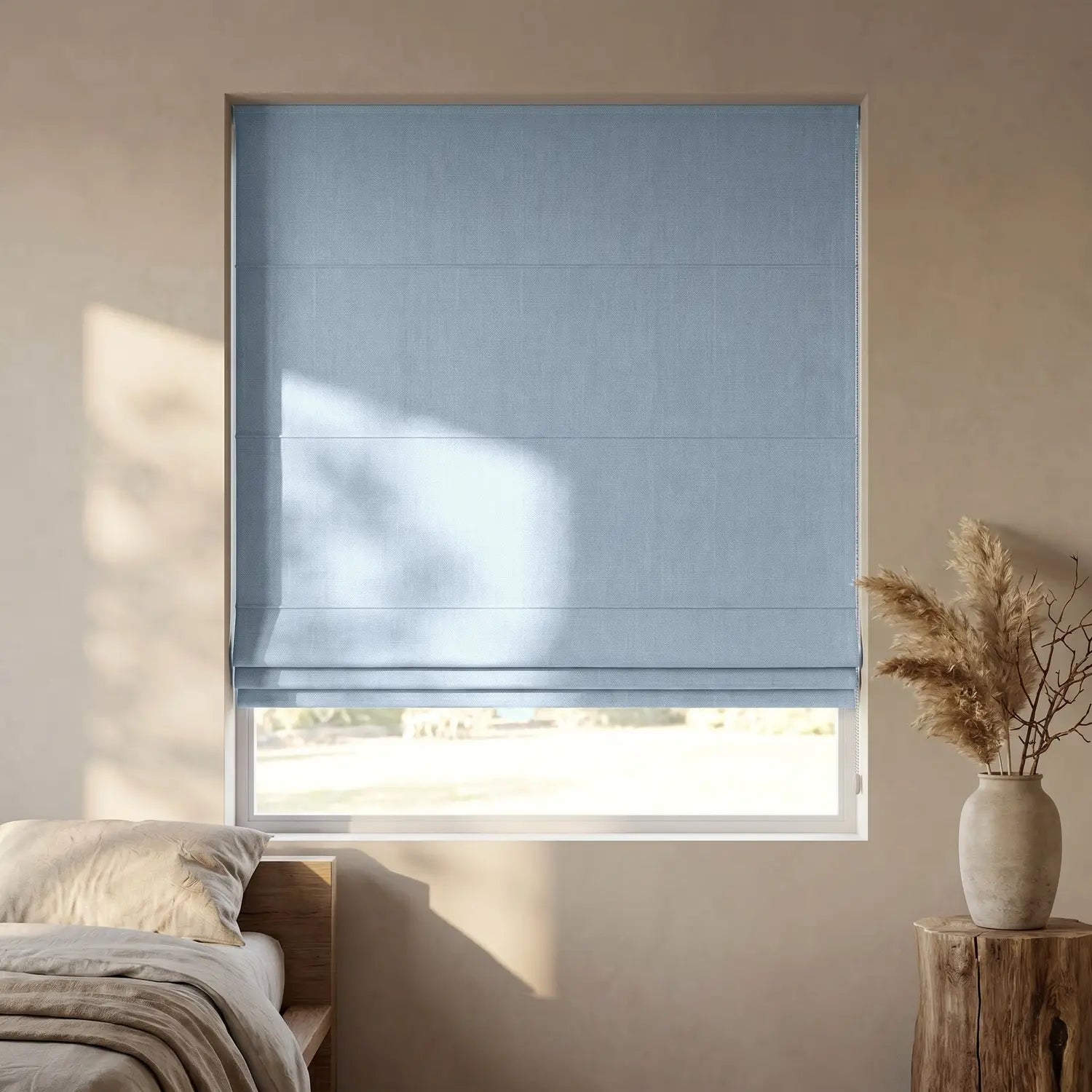 Custom Roman Shade - Powder Blue in room