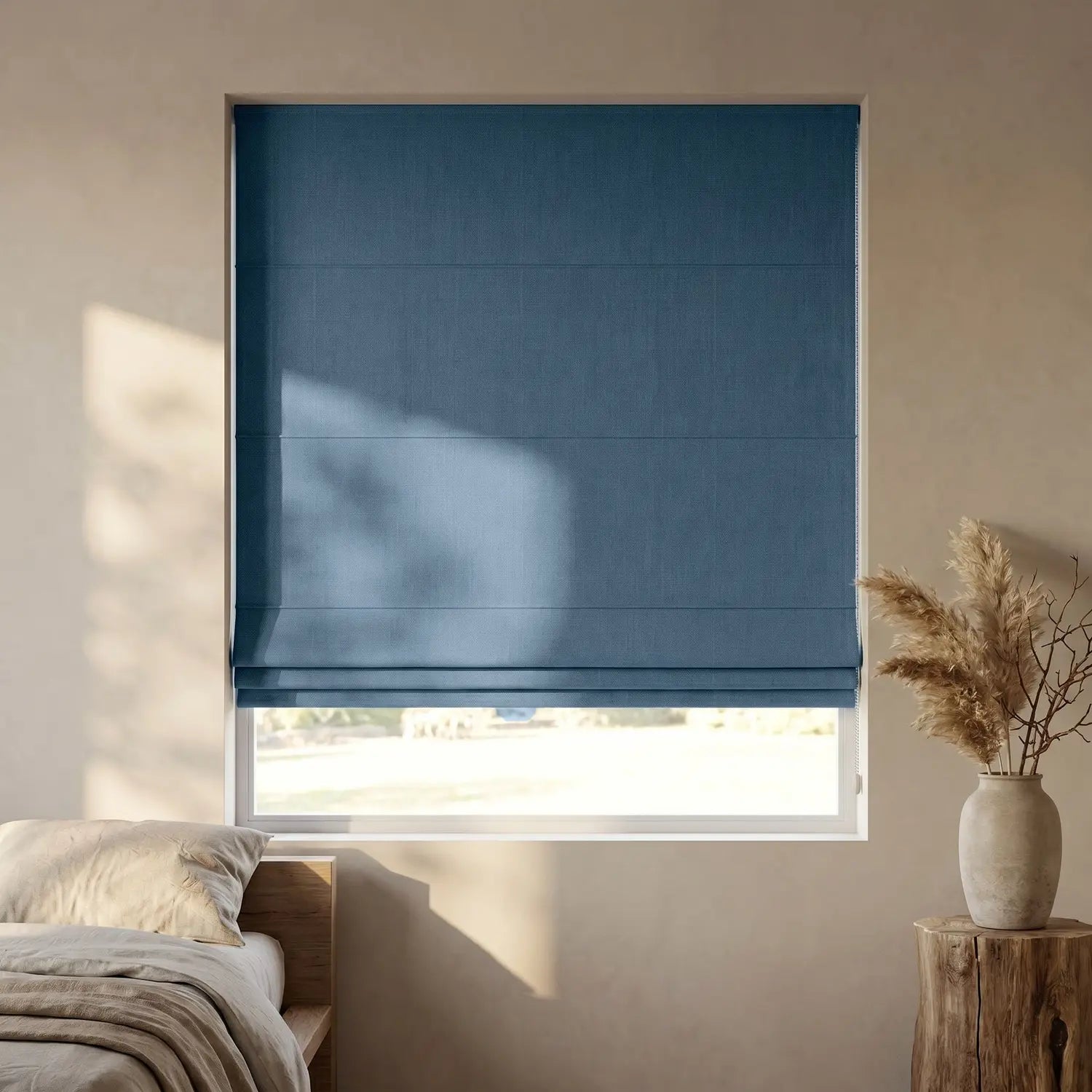 Custom Roman Shade - Cornflower Blue in room