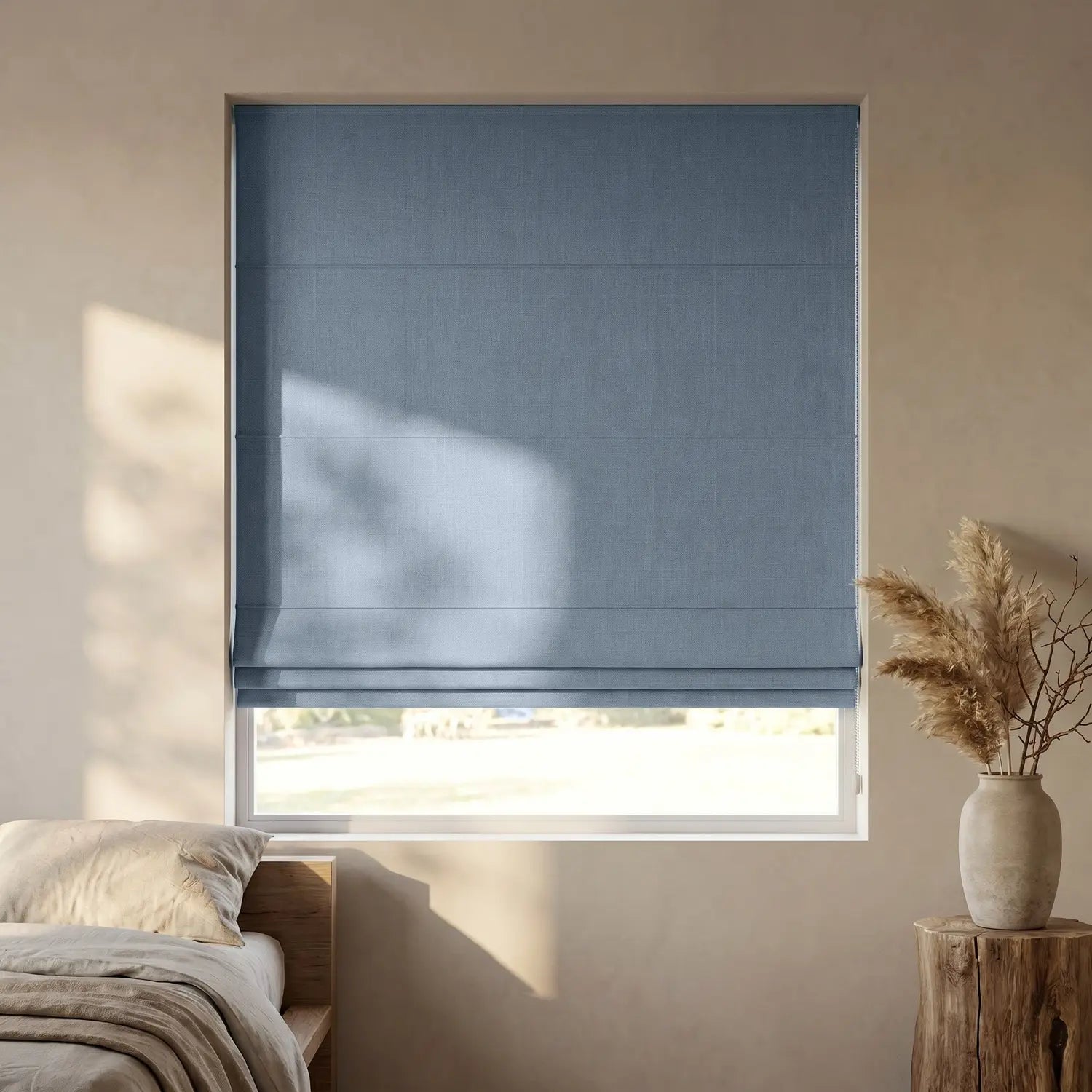 Custom Roman Shade - Sky Blue in room
