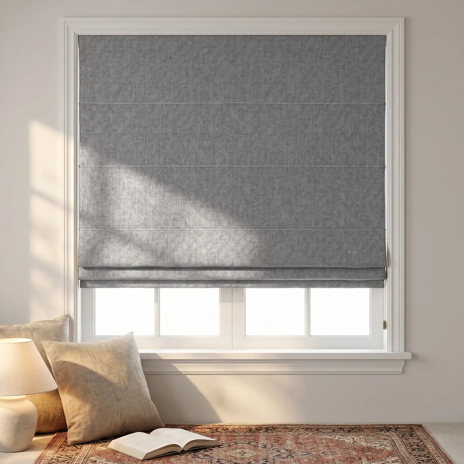 Custom Roman Shade - Silver Grey in room