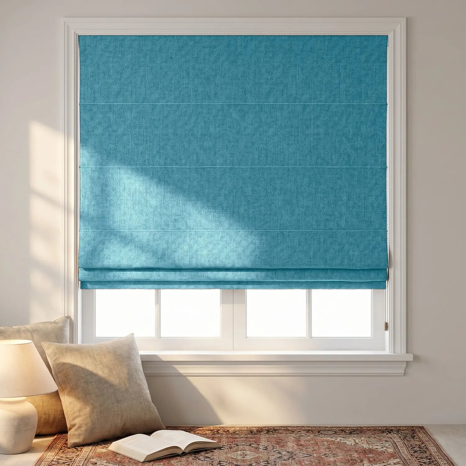 Custom Roman Shade - Mist Teal in room