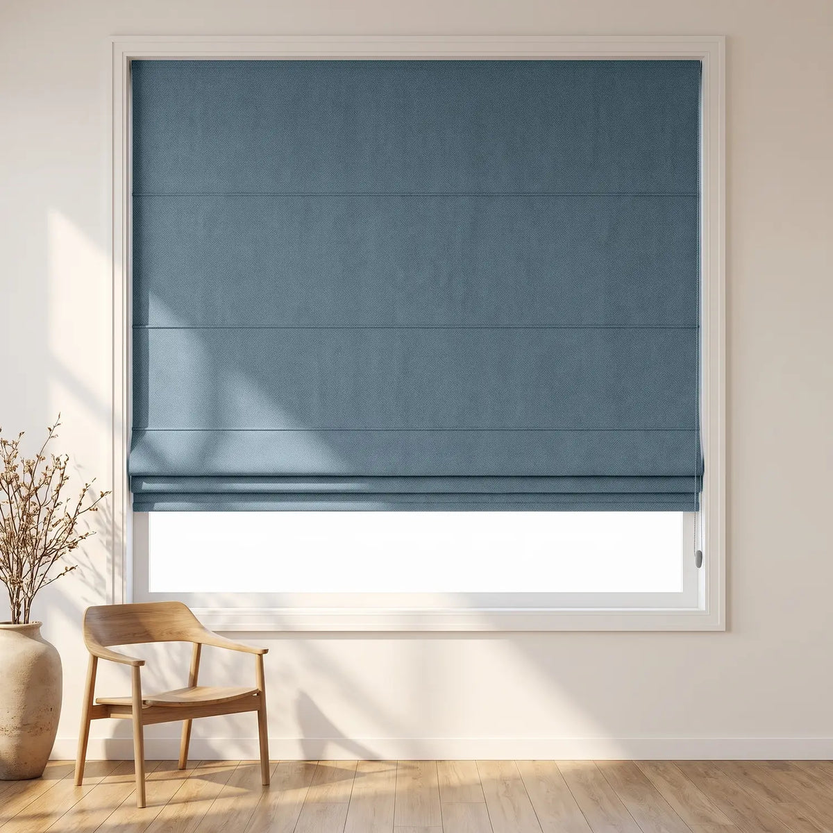 Custom Roman Shade - Sky Blue in room