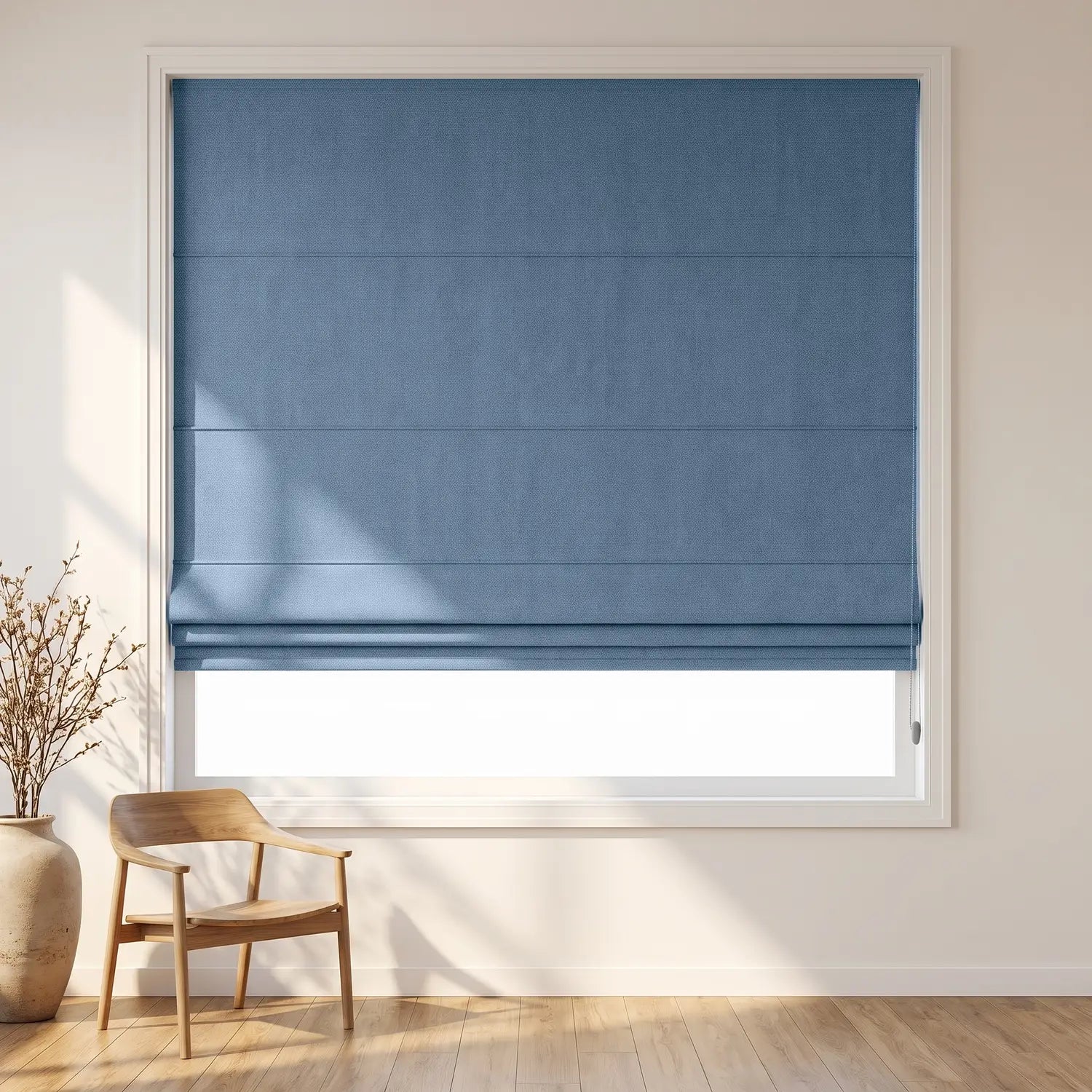 Custom Roman Shade - Powder Blue in room