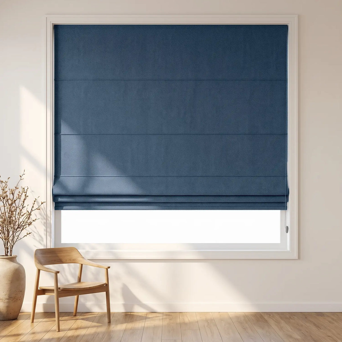Custom Roman Shade - Denim Blue in room