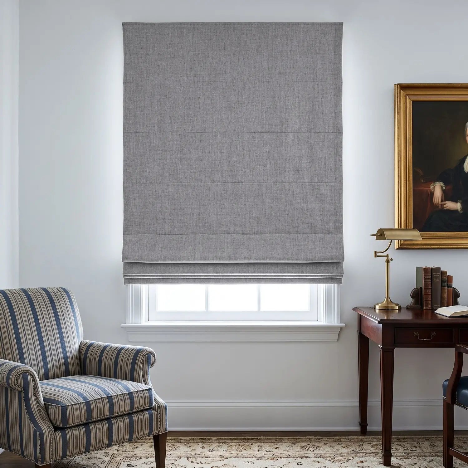 Custom Roman Shade - Pearl Grey in room