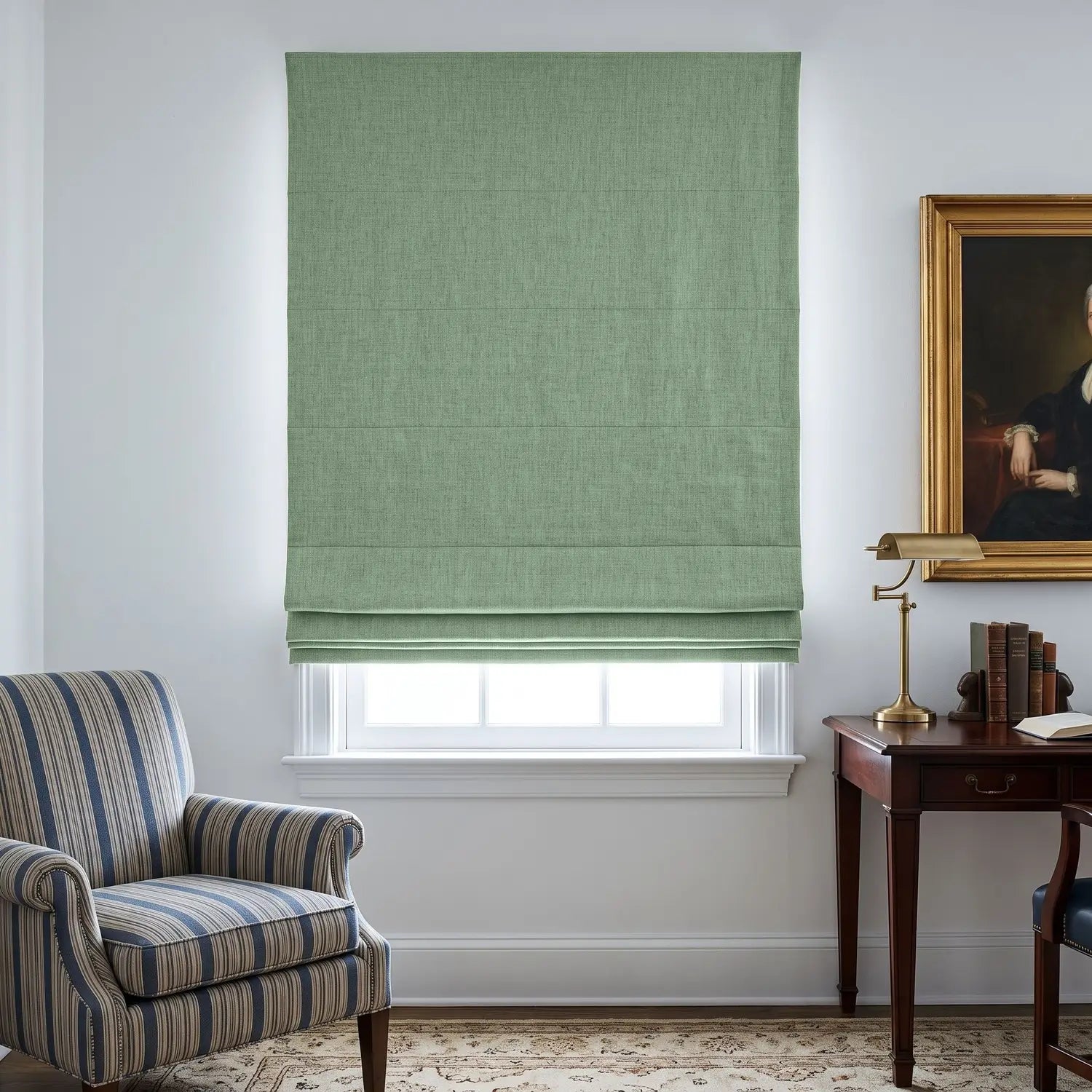 Custom Roman Shade - Pale Sage in room