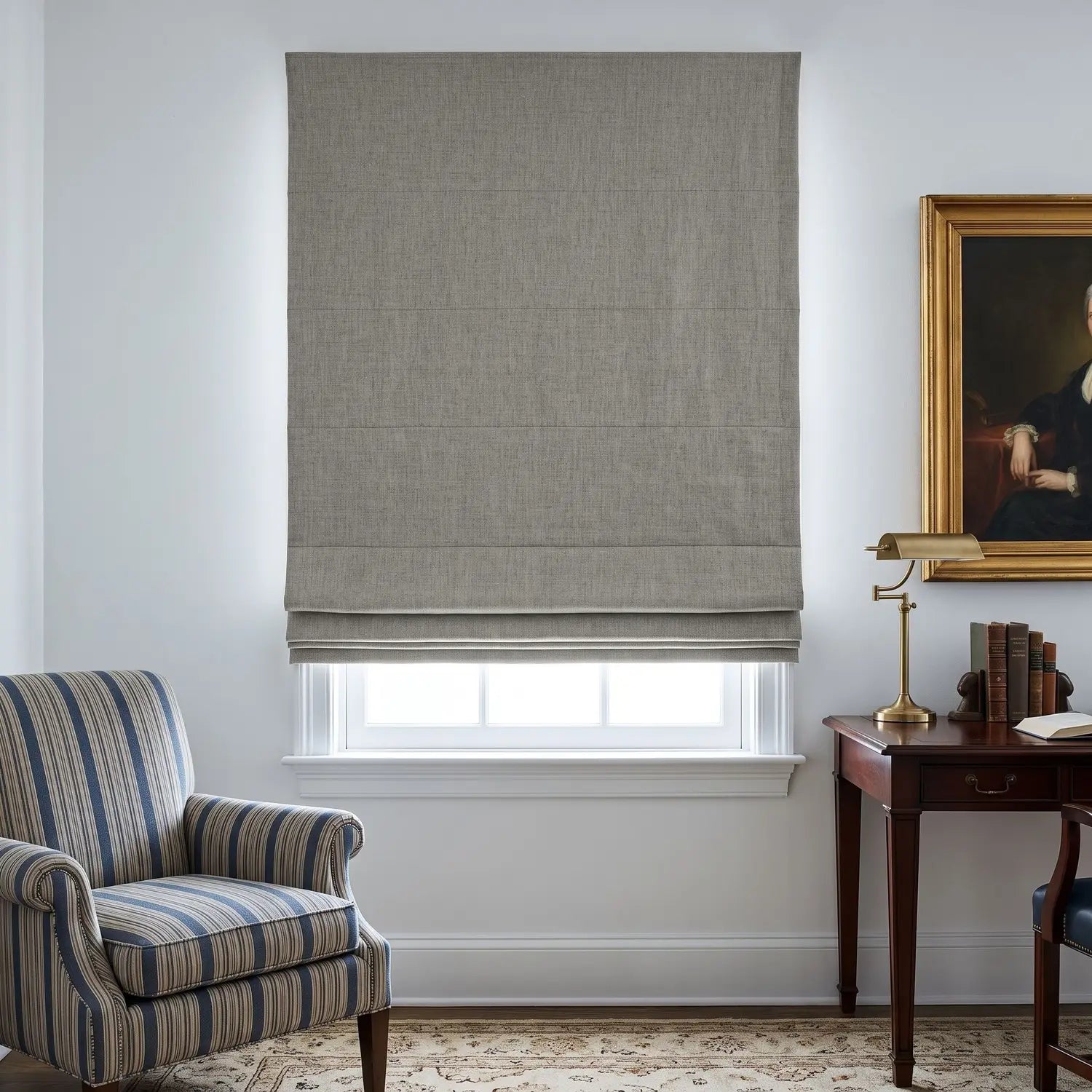 Custom Roman Shade - Warm Taupe in room
