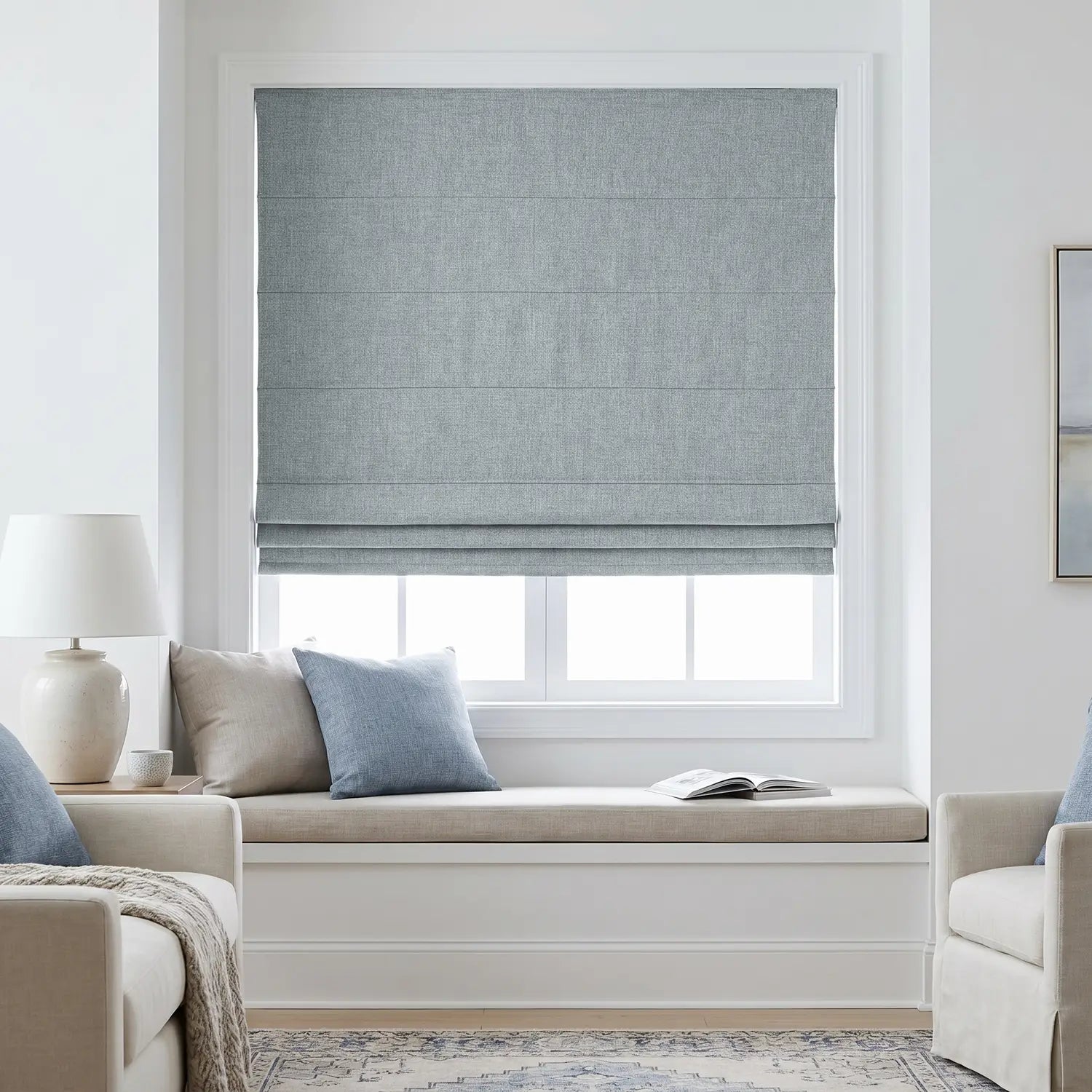 Custom Roman Shade - Mist Grey in room