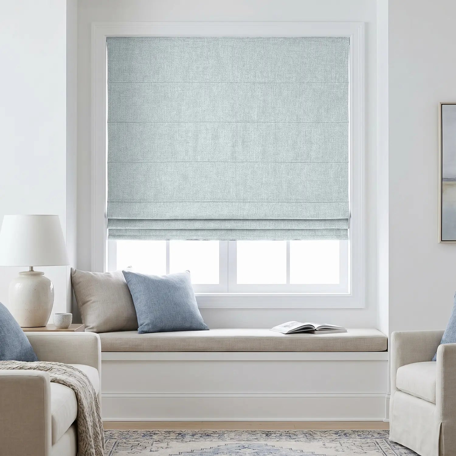 Custom Roman Shade - Pearl Grey in room