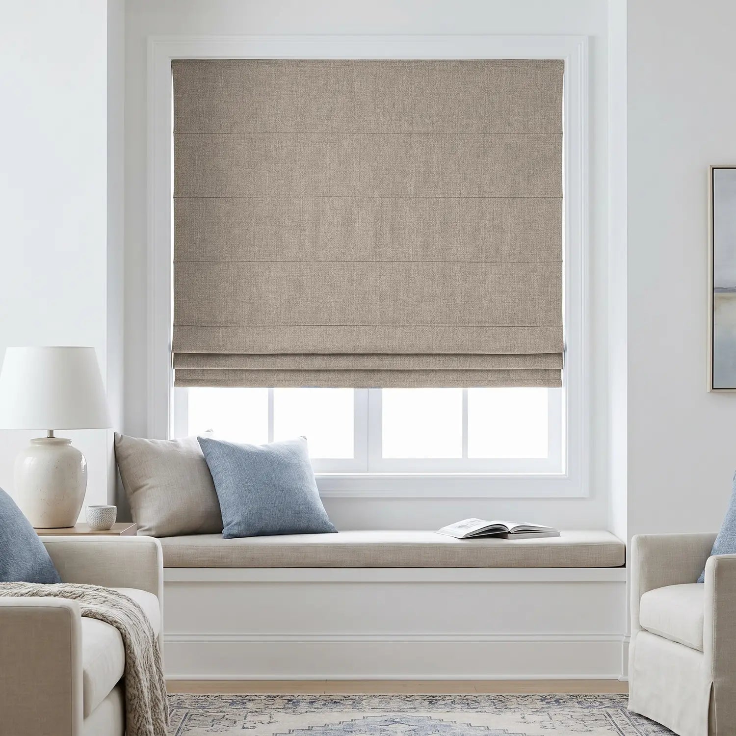 Custom Roman Shade - Clay Orange in room