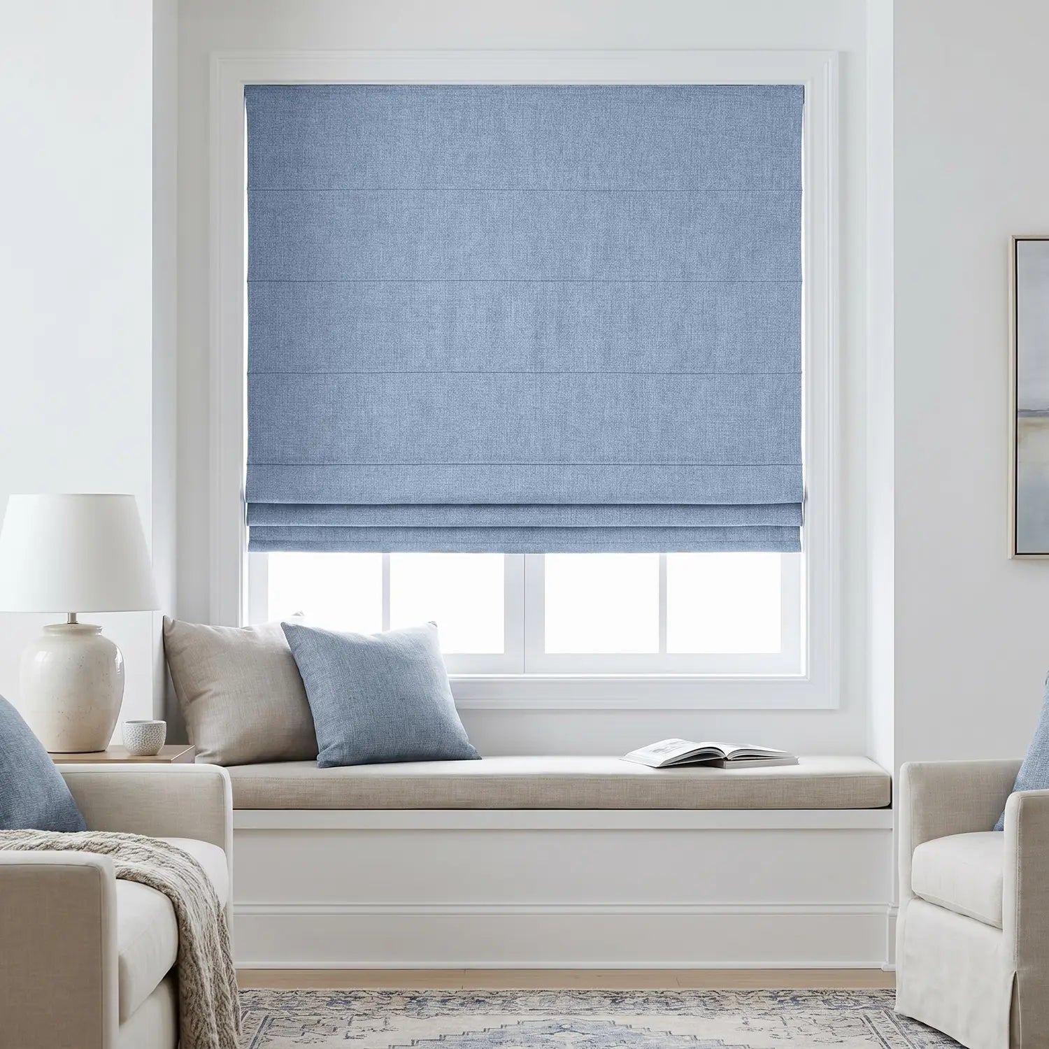 Custom Roman Shade - Powder Blue in room