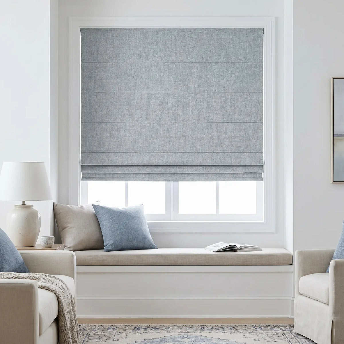 Custom Roman Shade - Silver Grey in room