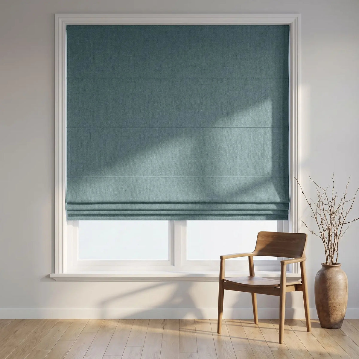 Custom Roman Shade - Smoke Grey in room