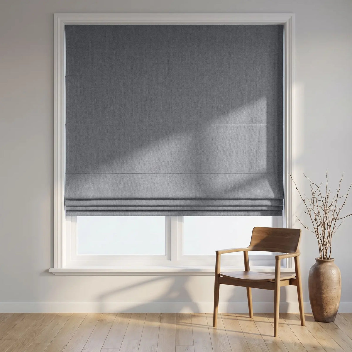 Custom Roman Shade - Slate Grey in room