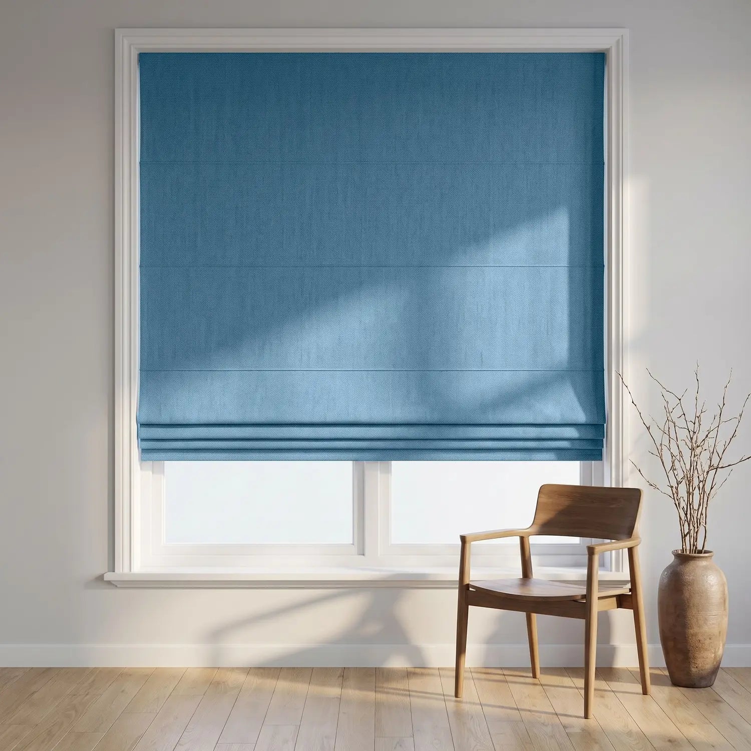 Custom Roman Shade - Powder Blue in room