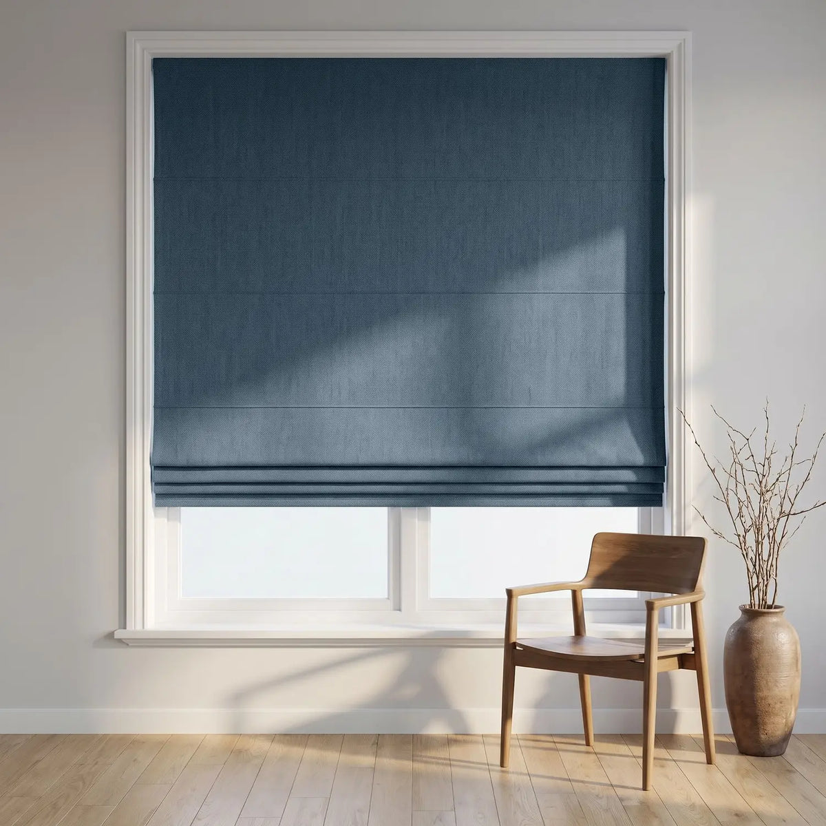 Custom Roman Shade - Dusty Blue in room