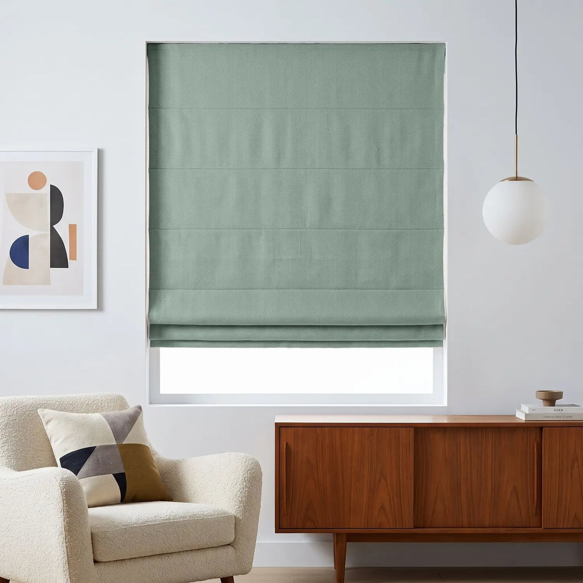 Custom Roman Shade - Eucalyptus in room