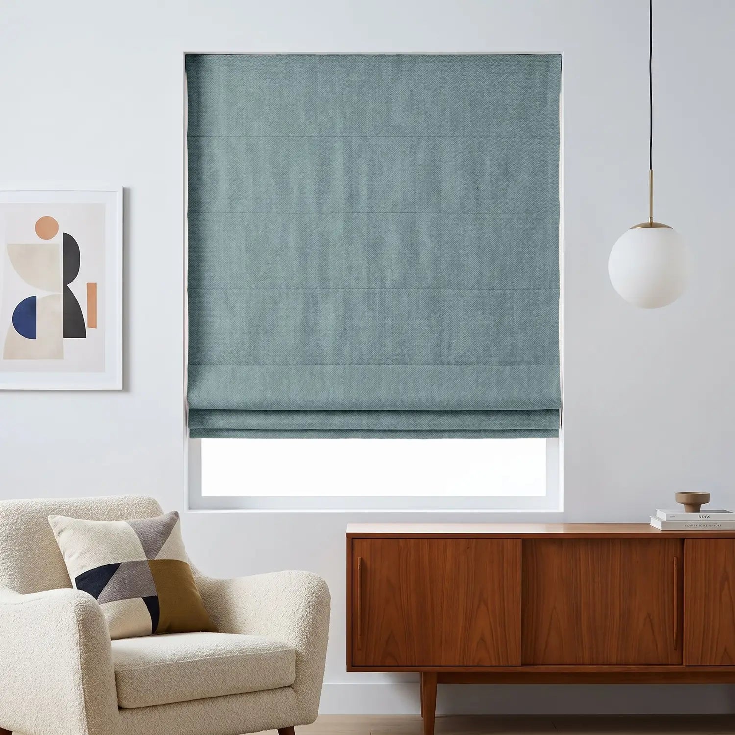 Custom Roman Shade - Sea Teal in room