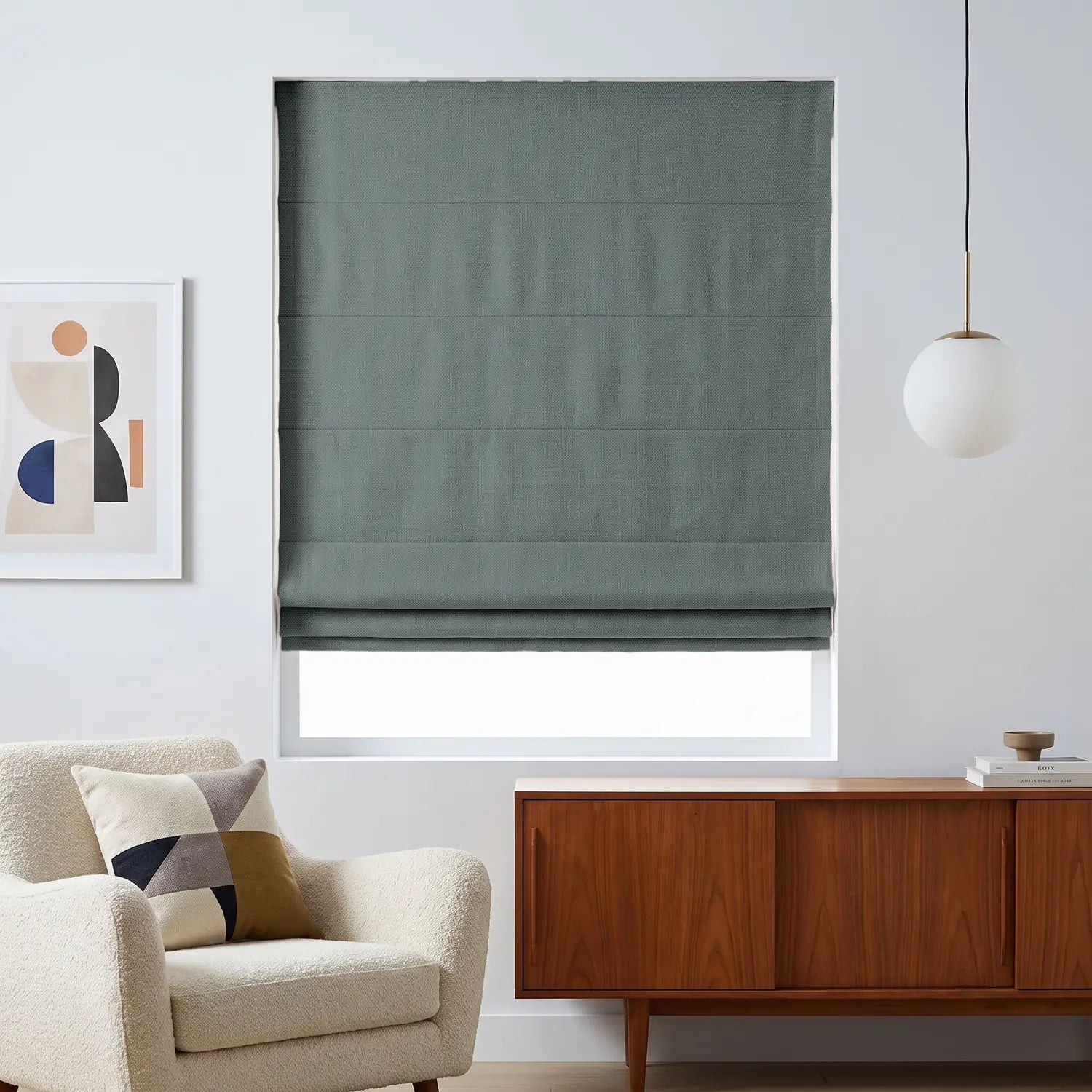 Custom Roman Shade - Deep Slate in room
