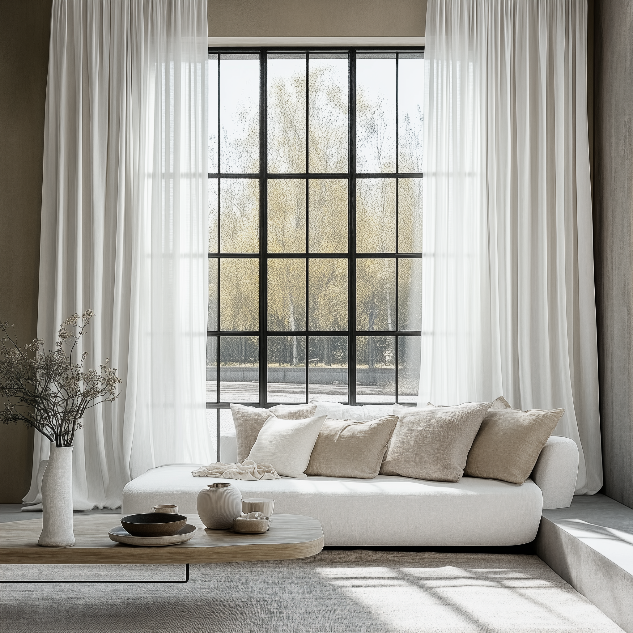 Custom Linen Semi-Sheer Tulle curtains | Embossed White Pleated Drapes for Spring Decor