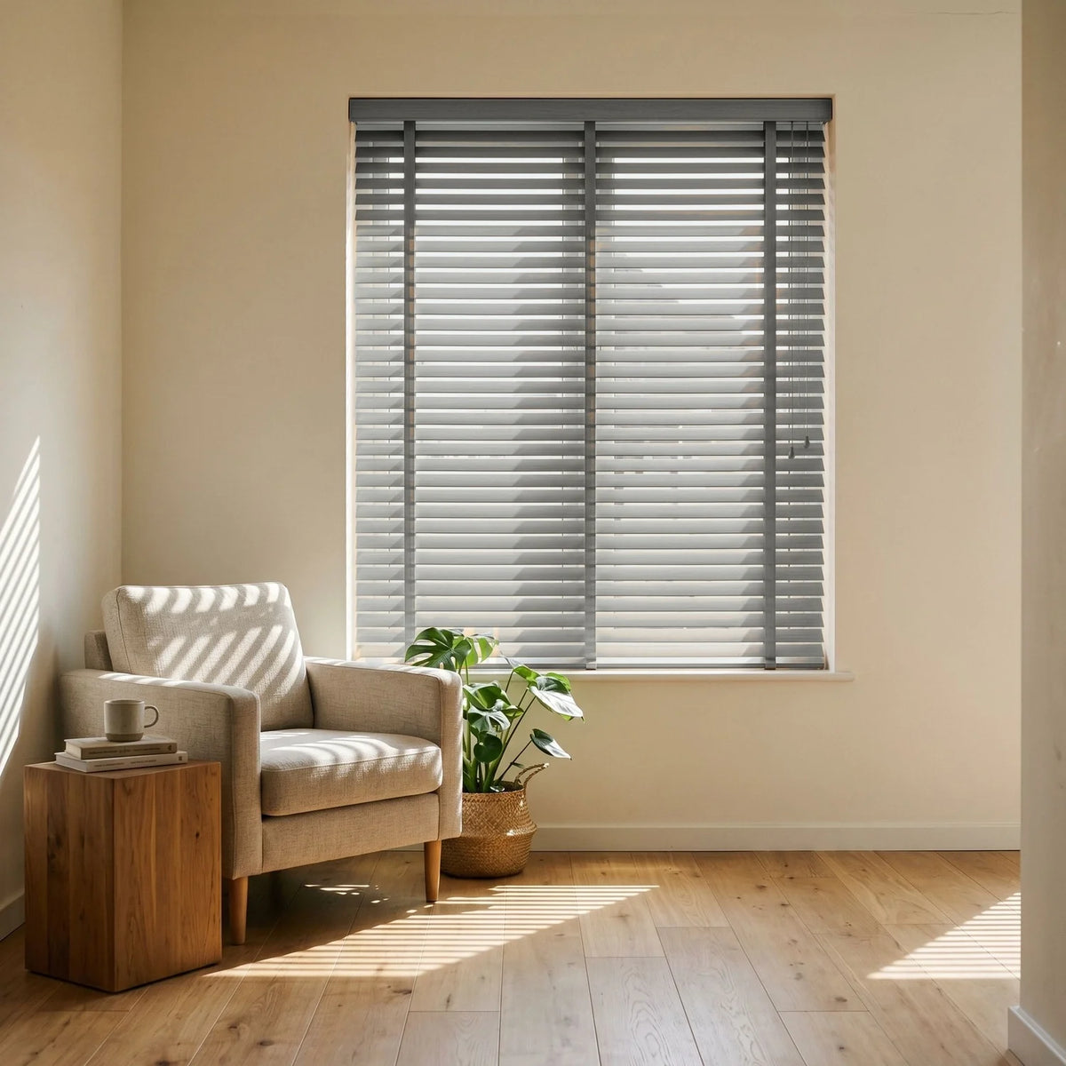 Custom Faux Wood Blinds - Driftwood Grey in Modern Living