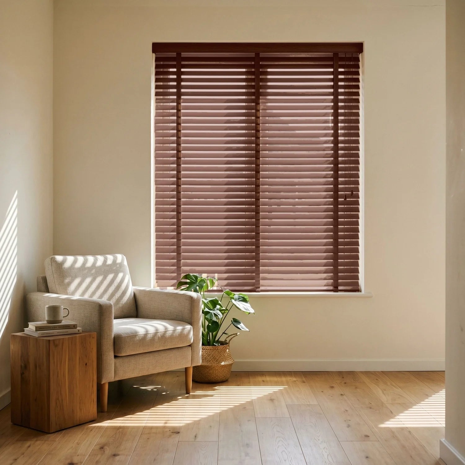 Custom Faux Wood Blinds - Walnut Brown in Modern Living