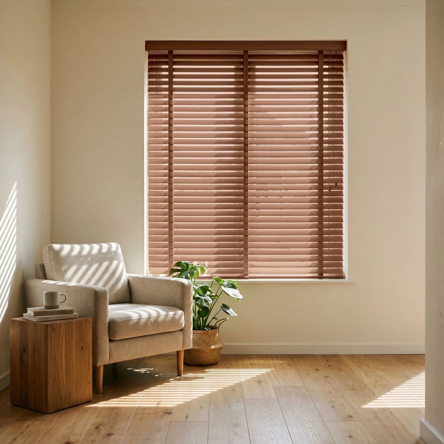 Custom Faux Wood Blinds - Pecan Brown in Modern Living