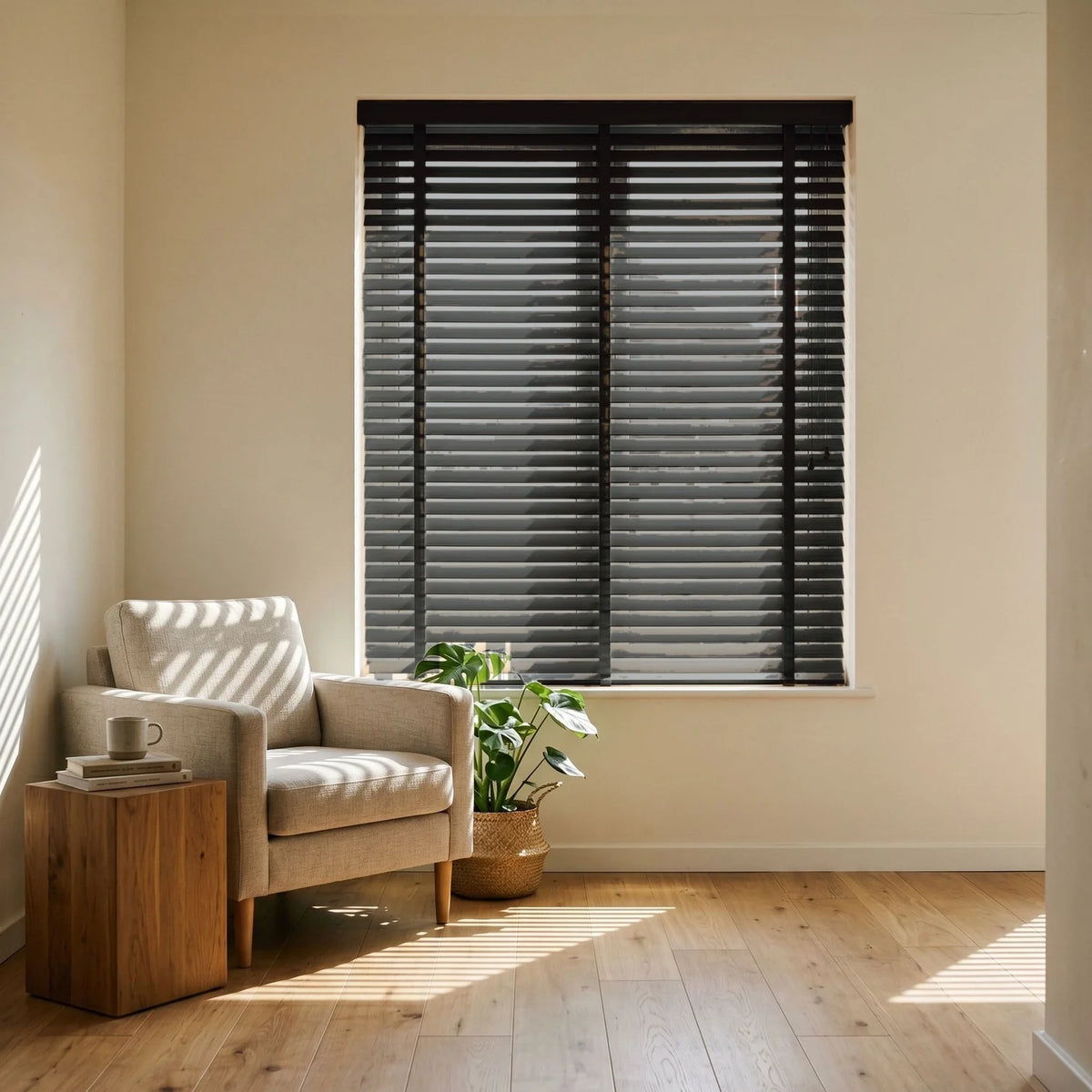 Custom Faux Wood Blinds - Graphite in Modern Living