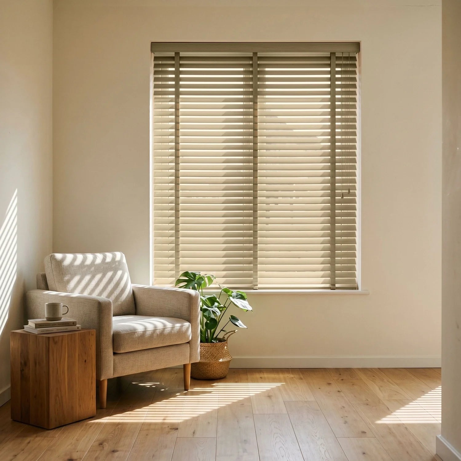 Custom Faux Wood Blinds - Sandstone in Modern Living