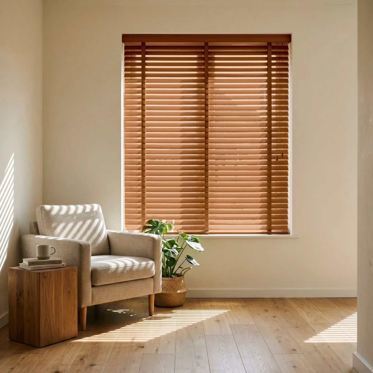 Custom Faux Wood Blinds - Amber Oak in Modern Living
