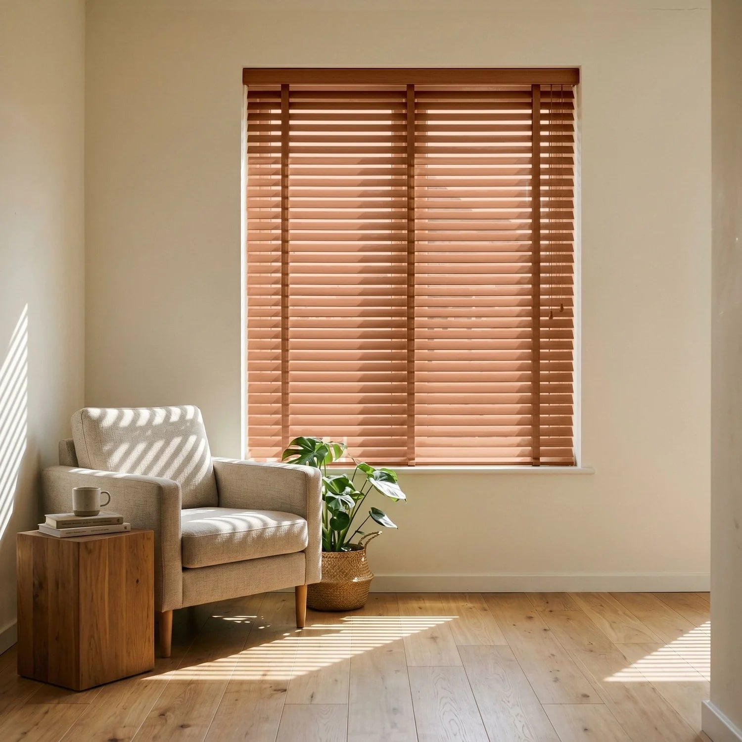 Custom Faux Wood Blinds - Terracotta Clay in Modern Living