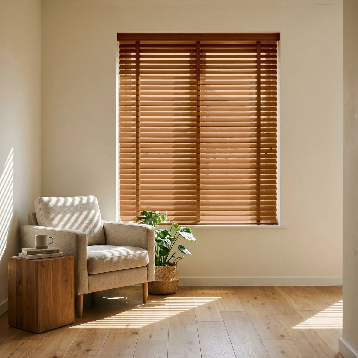 Custom Faux Wood Blinds - Golden Oak in Modern Living