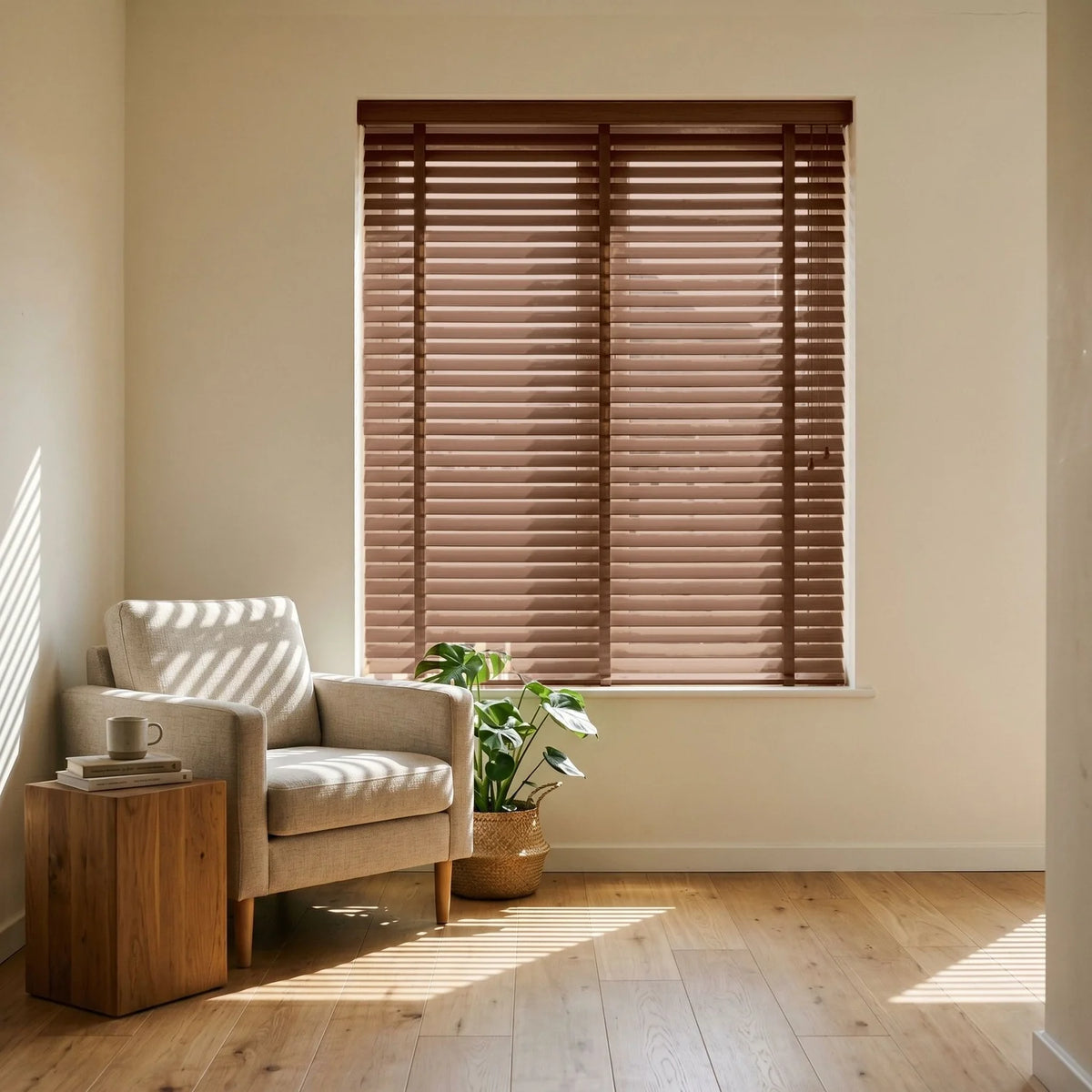 Custom Faux Wood Blinds - Cocoa Brown in Modern Living