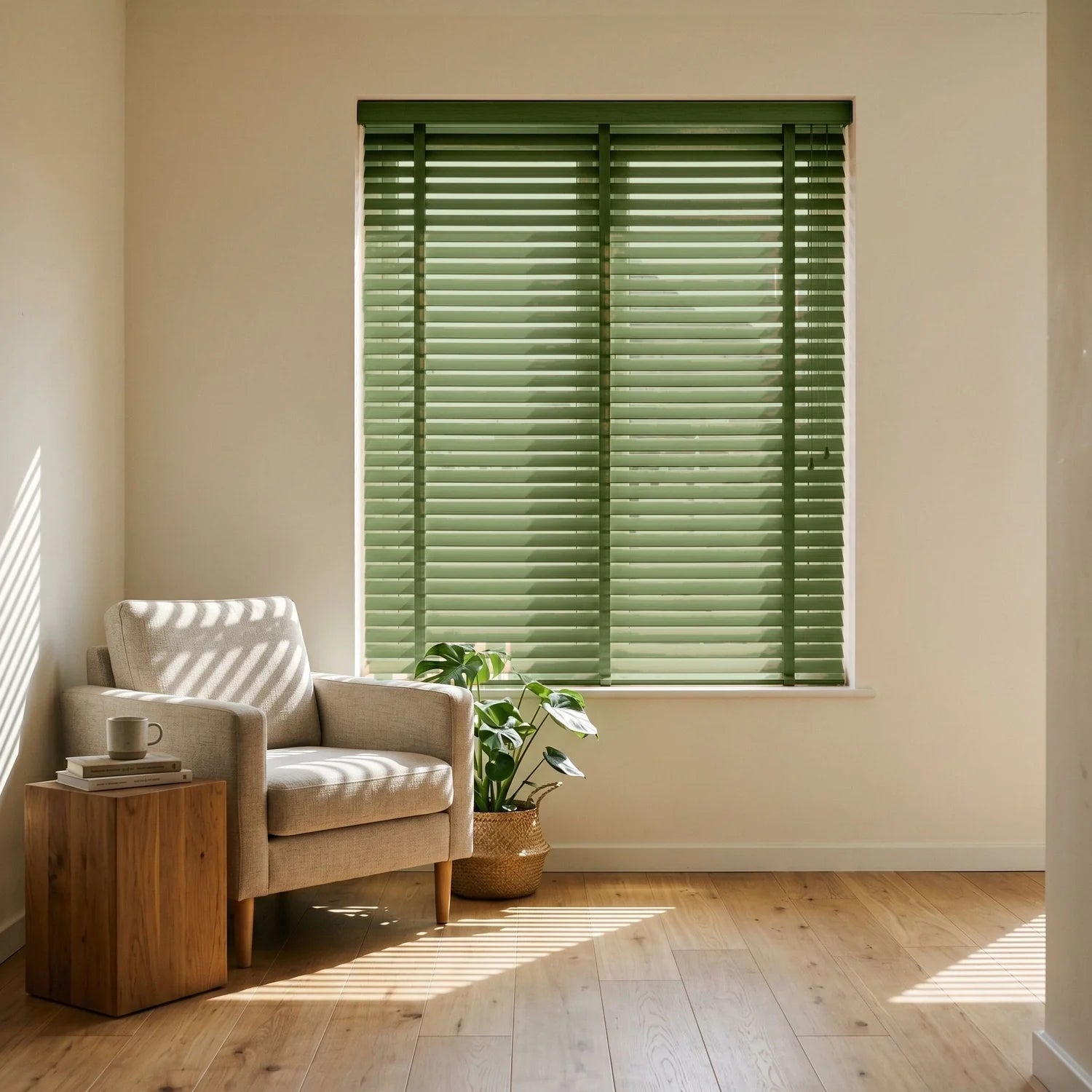 Custom Faux Wood Blinds - Olive Grove in Modern Living