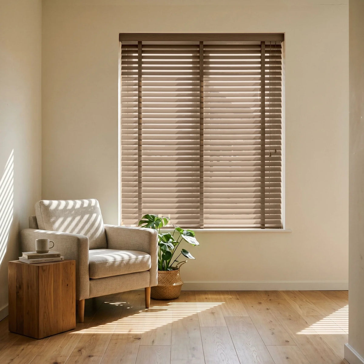 Custom Faux Wood Blinds - Taupe Grey in Modern Living