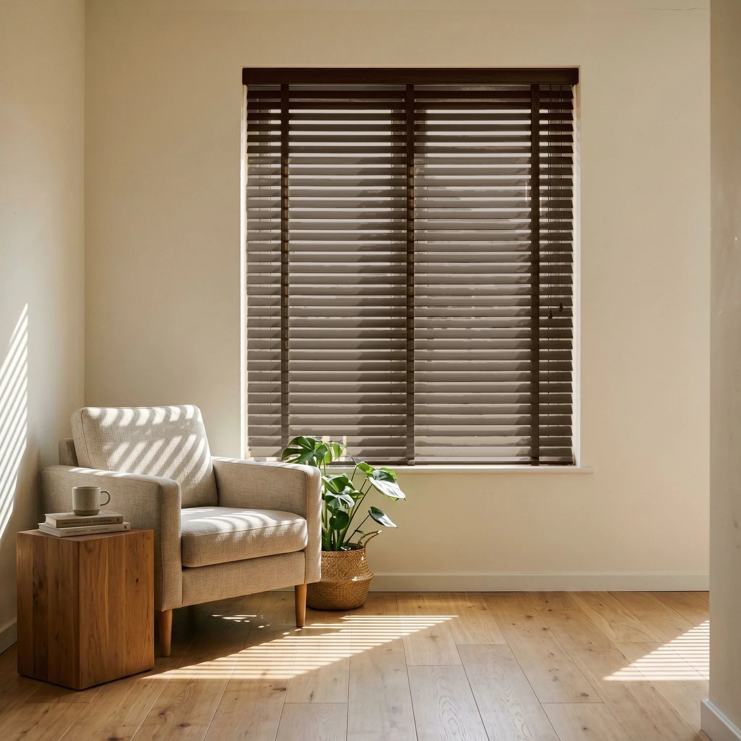 Custom Faux Wood Blinds - Espresso in Modern Living