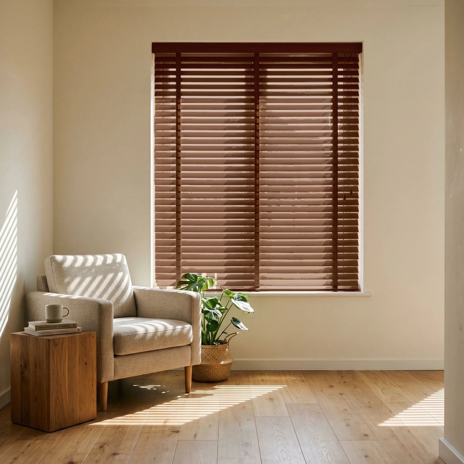 Custom Faux Wood Blinds - Mahogany in Modern Living