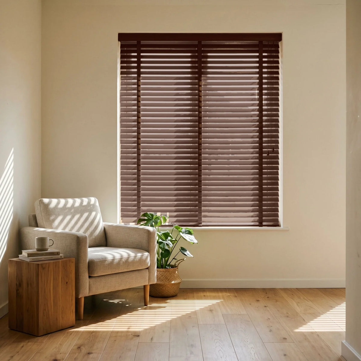 Custom Faux Wood Blinds - Chocolate in Modern Living